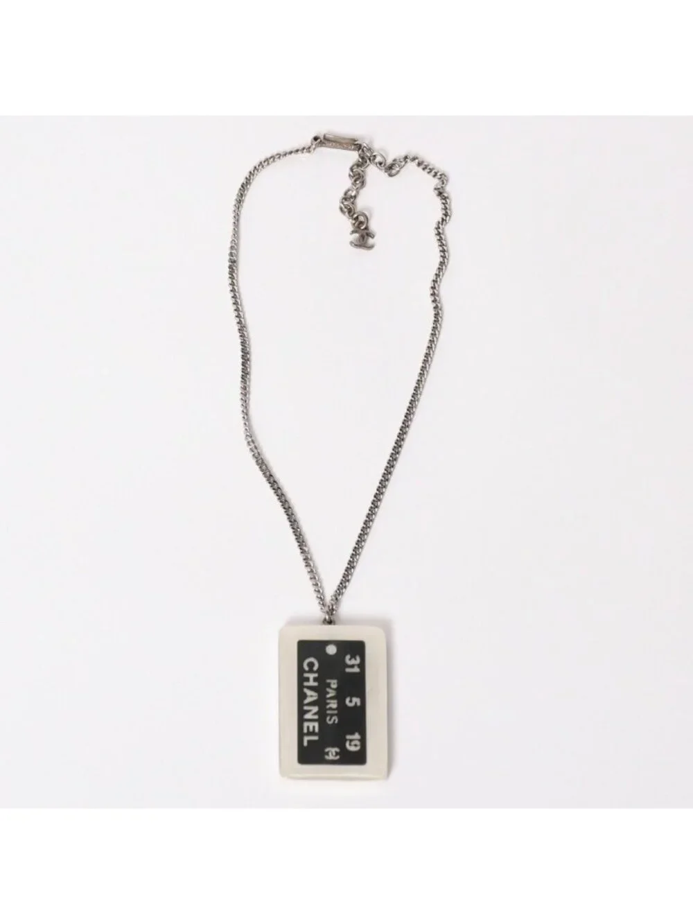 Chanel Plate Necklace White Silver Chain